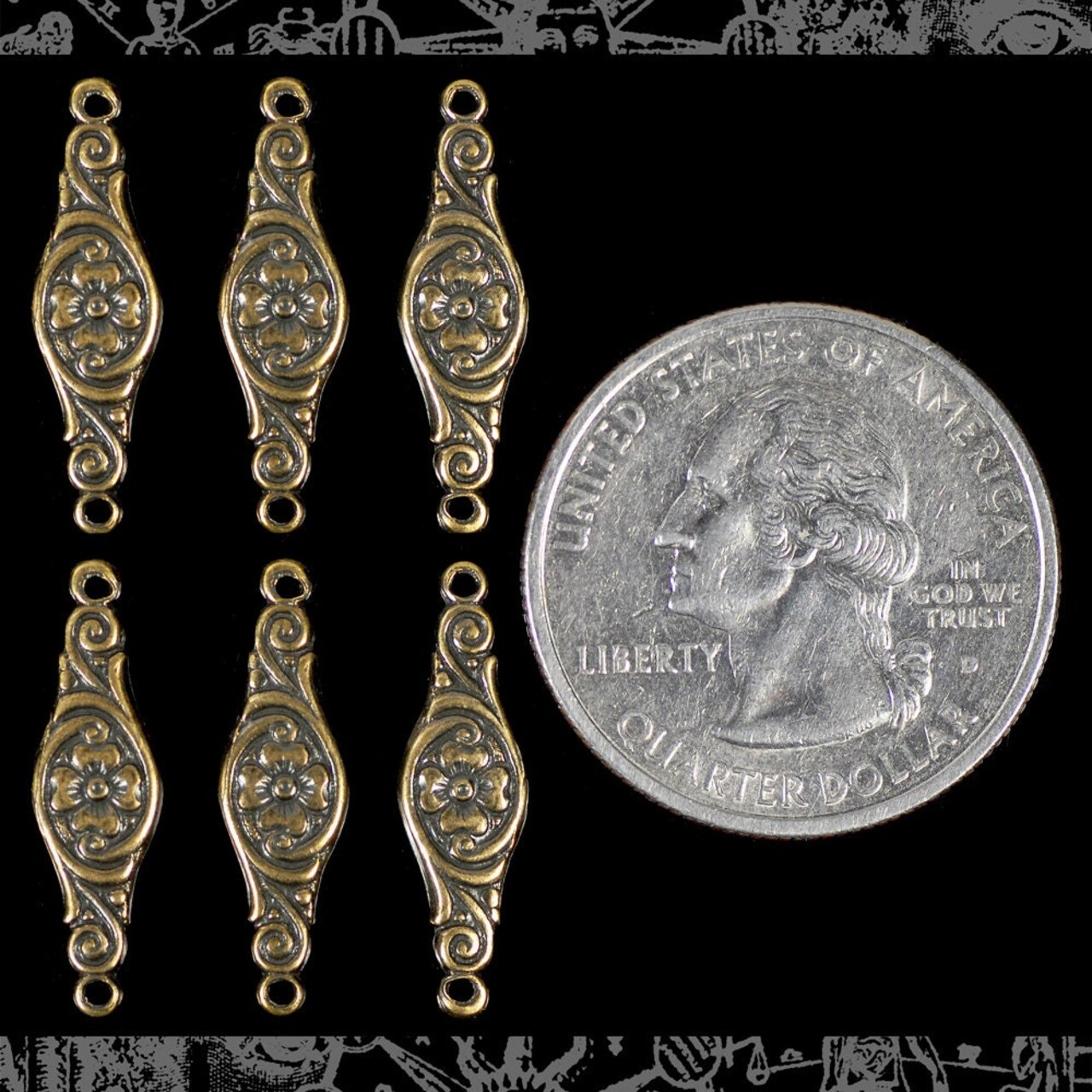 Antiqued Brass Floral Cigar Band Two Ring Connectors - Set of Six - AB-2C79